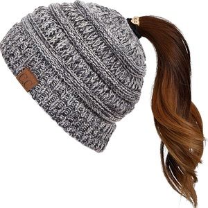 C.C Exclusives Soft Cable Knit Messy Bun Ponytail Beanie Hat for Women
